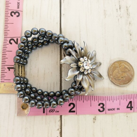 Handmade Floral Beaded Necklace Hematite Triple Layer Corsage Jewelry Whimsigoth - Picture 5 of 11